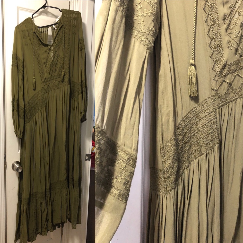 Free People Olive Green Embroidered Maxi Dress